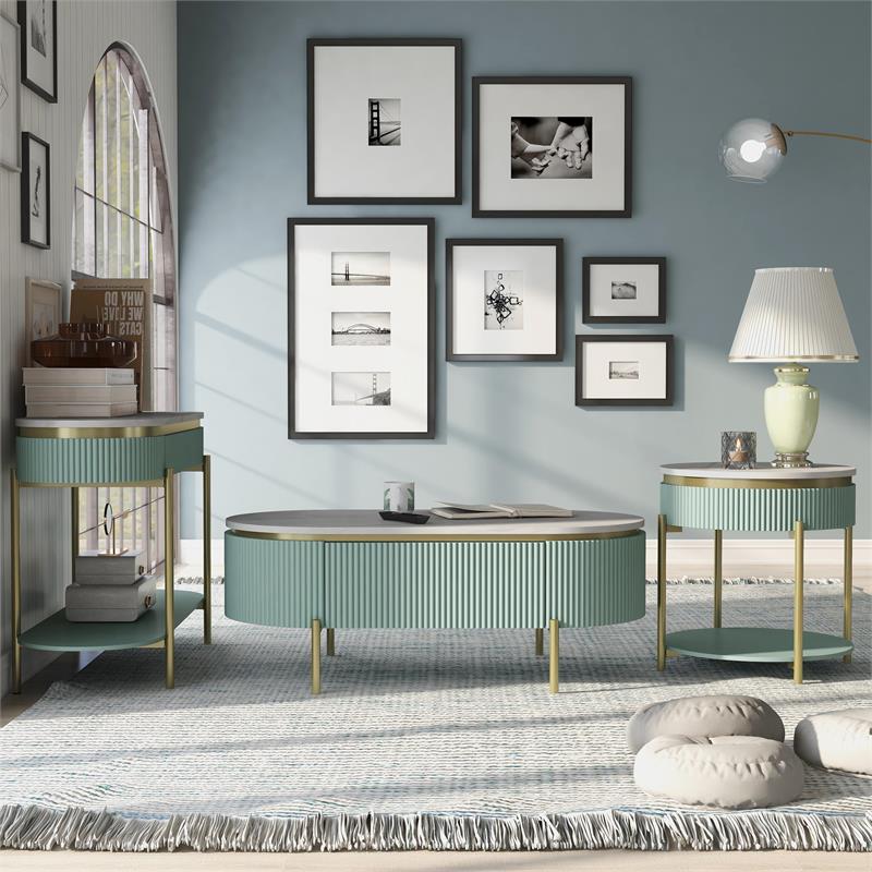 Bowery Hill Glam 3-Piece Wood Coffee Table Set in Light Teal