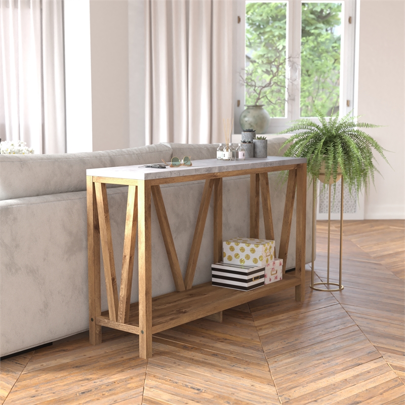 Bowery Hill 2-Tier Farmhouse Console Table in Warm Oak and Concrete