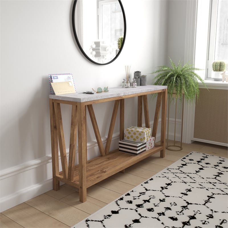 Bowery Hill 2-Tier Farmhouse Console Table in Warm Oak and Concrete