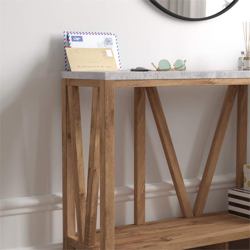Bowery Hill 2-Tier Farmhouse Console Table in Warm Oak and Concrete