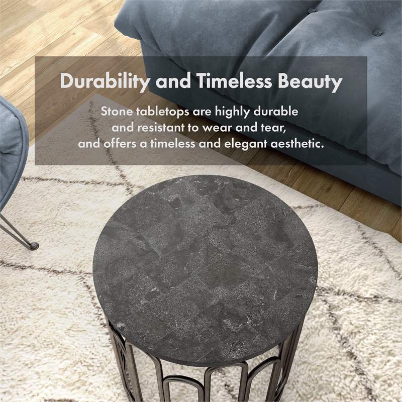 Bowery Hill Silas Round Metal End Table with Marble Top in Black