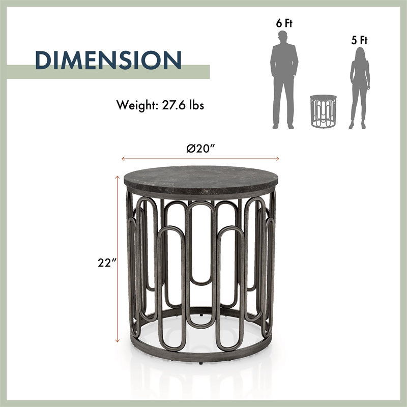 Bowery Hill Silas Round Metal End Table with Marble Top in Black