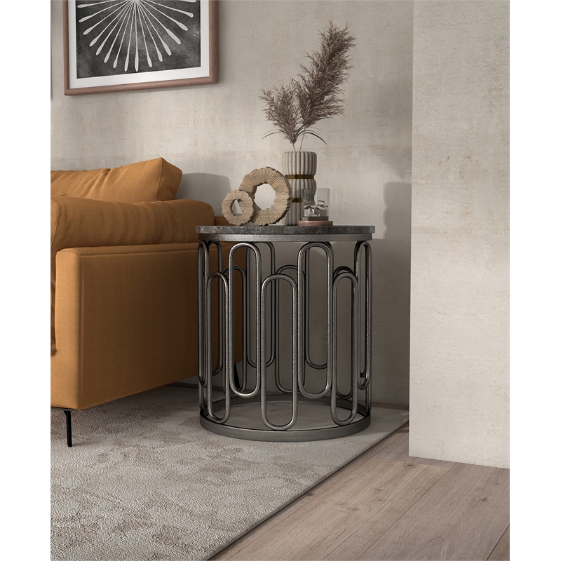 Bowery Hill Silas Round Metal End Table with Marble Top in Black