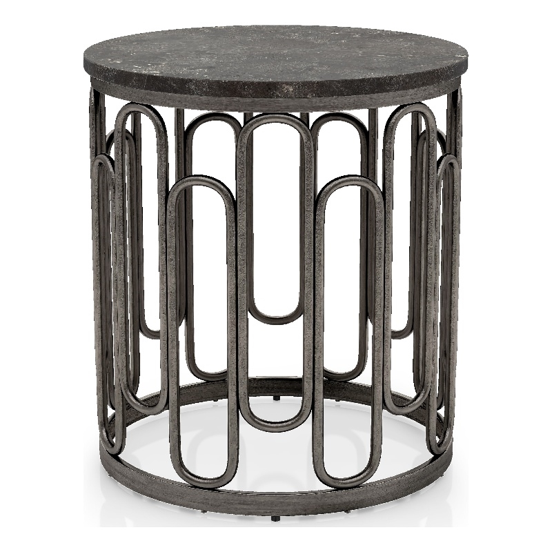 Bowery Hill Silas Round Metal End Table with Marble Top in Black