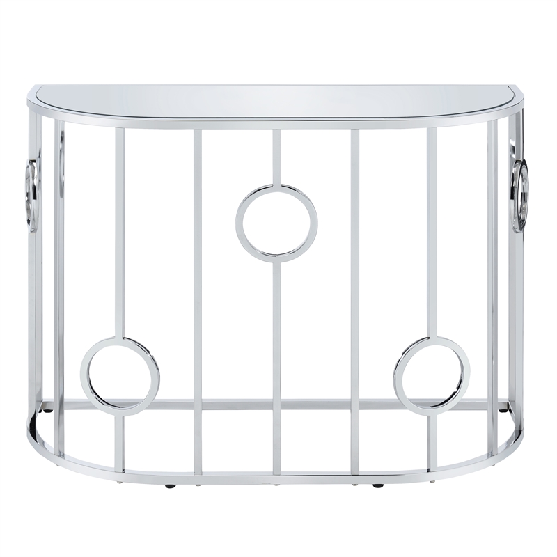 Bowery Hill Metal Half-Circle Sofa Table with Glass Top in Chrome