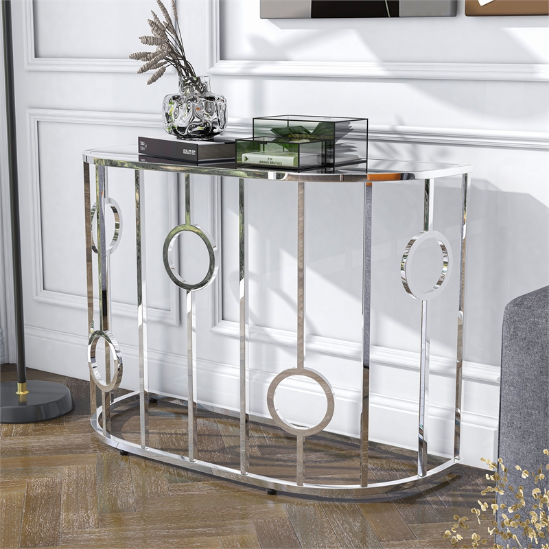 Bowery Hill Metal Half-Circle Sofa Table with Glass Top in Chrome