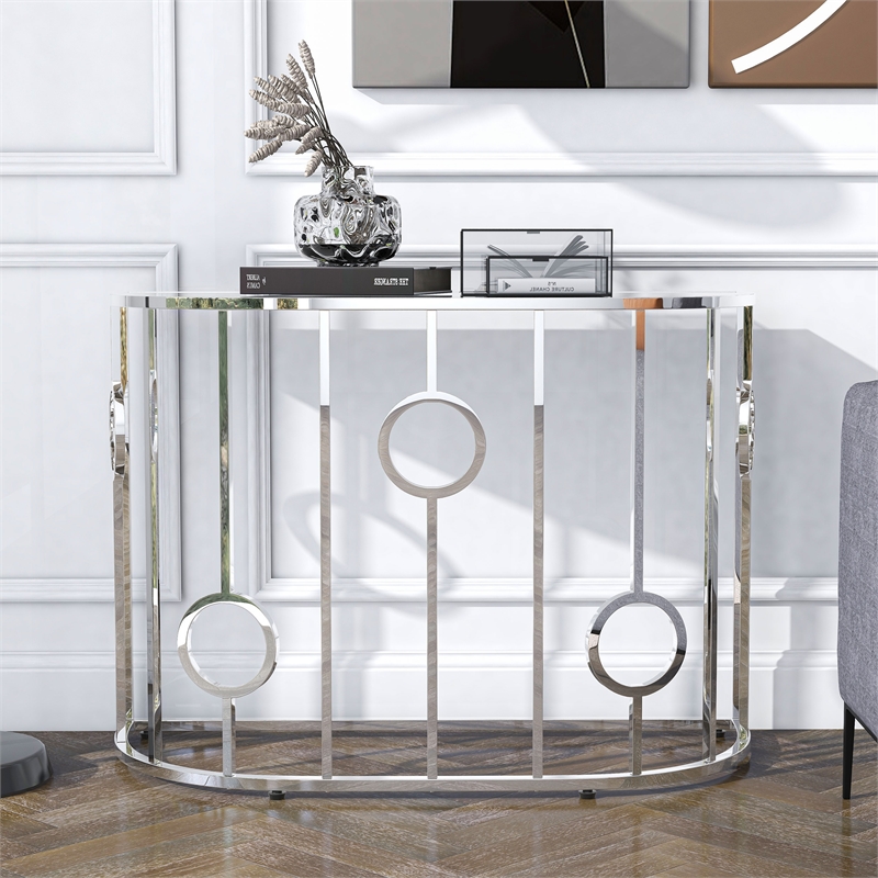 Bowery Hill Metal Half-Circle Sofa Table with Glass Top in Chrome