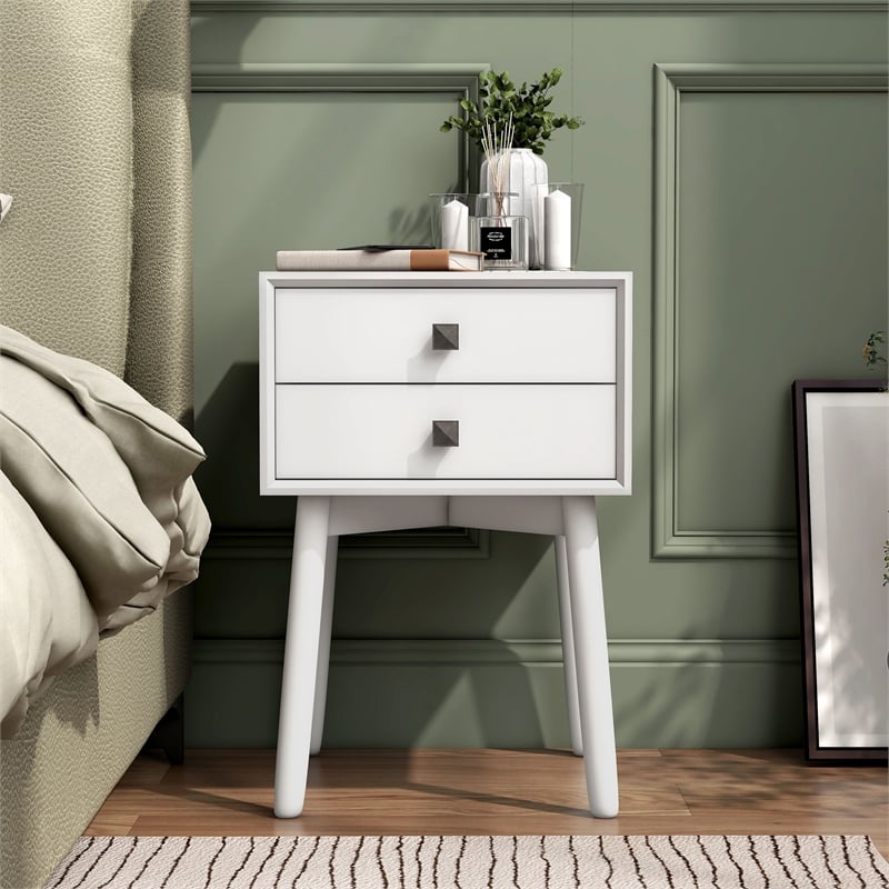 Bowery Hill Mid-Century 2-Drawer Side Table in White Wood