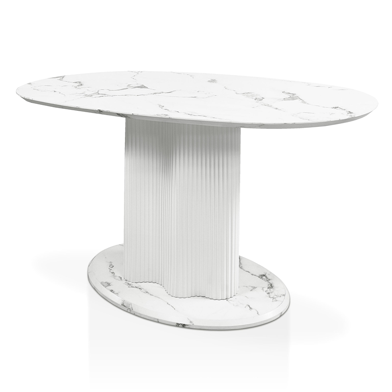 Bowery Hill Faux Marble Oval Dining Table with Iron Base in White