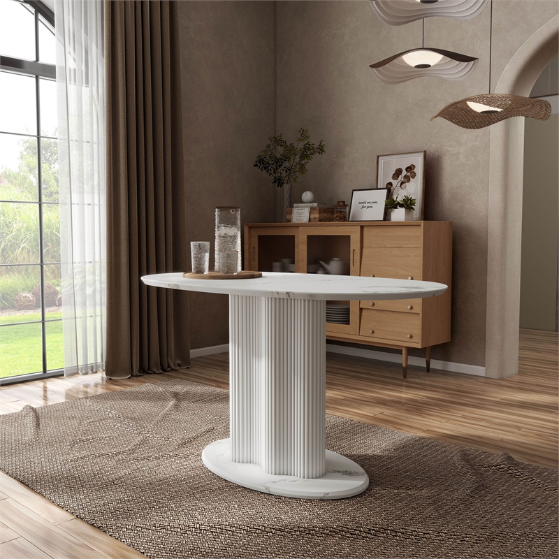 Bowery Hill Faux Marble Oval Dining Table with Iron Base in White