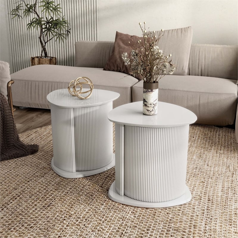 Bowery Hill 2-Piece Glossy White End Table Set with Fluted Pedestal Base