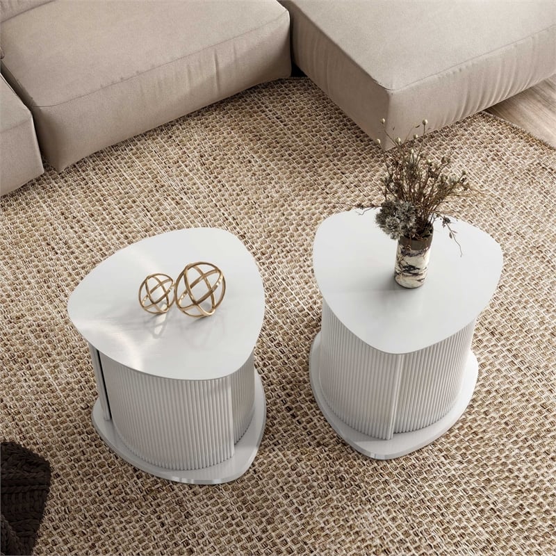 Bowery Hill 2-Piece Glossy White End Table Set with Fluted Pedestal Base