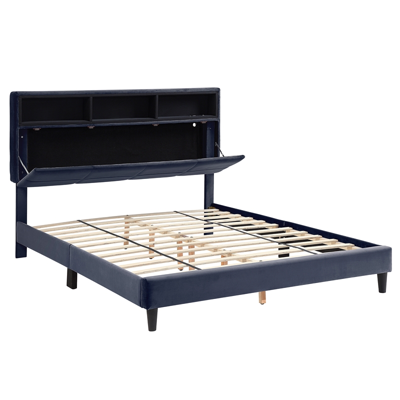 Bowery Hill Contemporary Fabric Storage Full Bed with USB in Gray