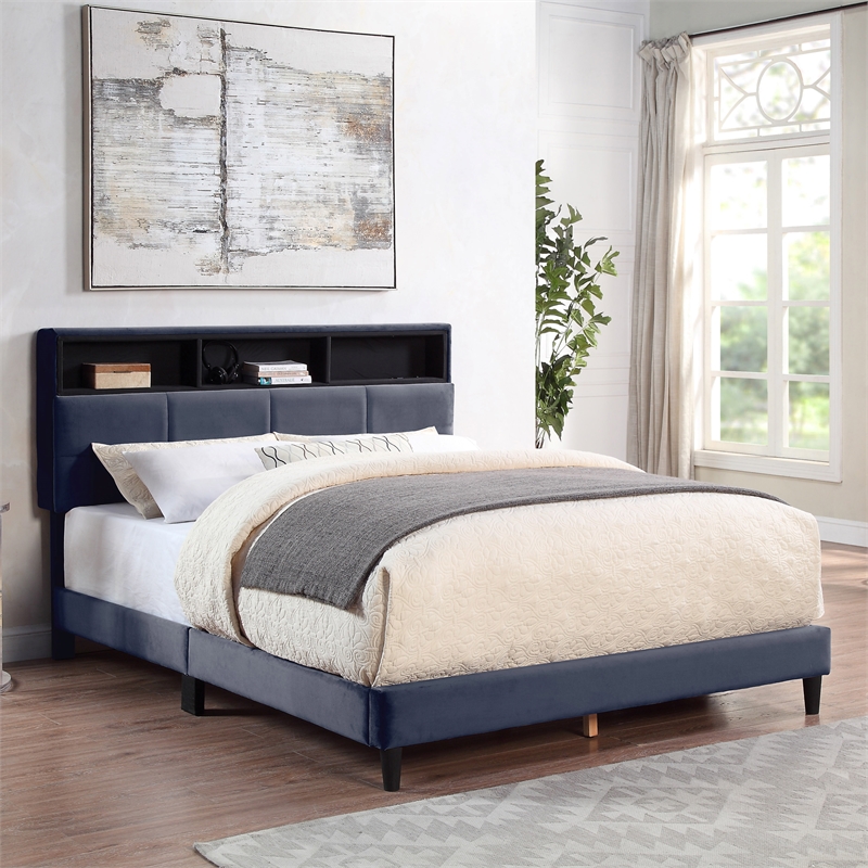 Bowery Hill Contemporary Fabric Storage Full Bed with USB in Gray