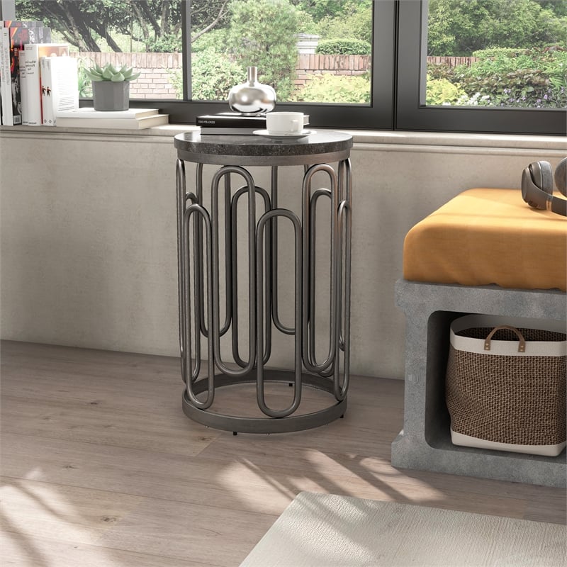 Bowery Hill Round Stone and Black Iron End Table