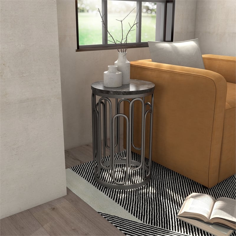 Bowery Hill Round Stone and Black Iron End Table