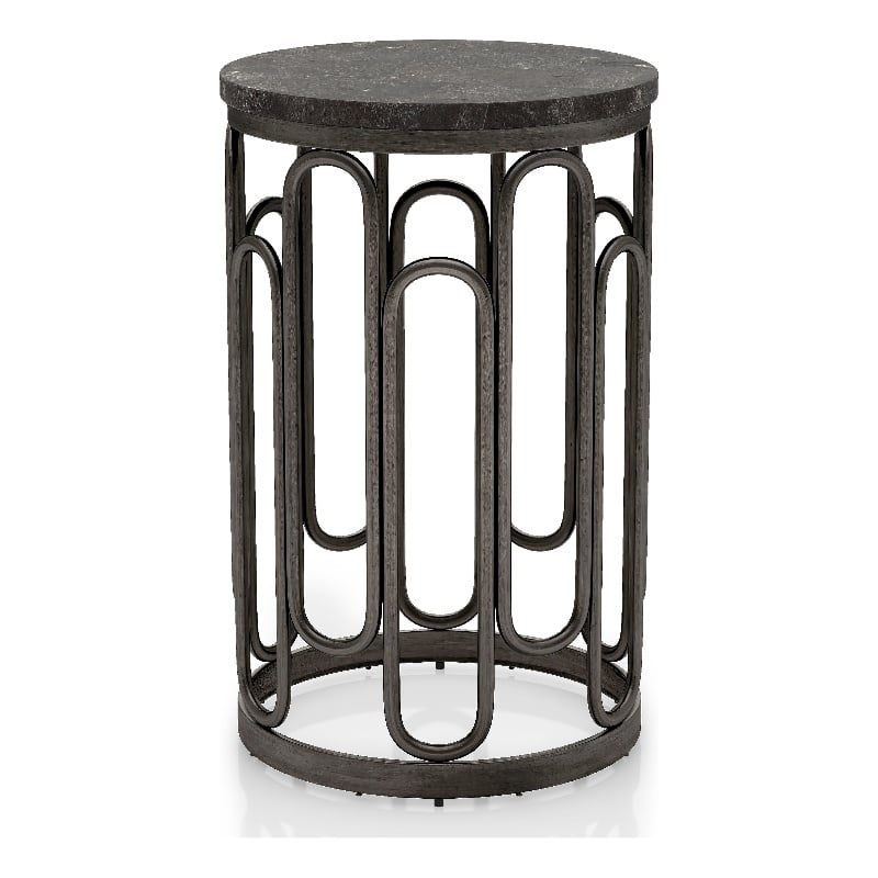 Bowery Hill Round Stone and Black Iron End Table