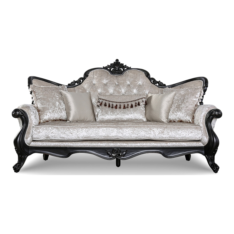 Bowery Hill Solid Wood Button Tufted Sofa in Black with Pillows