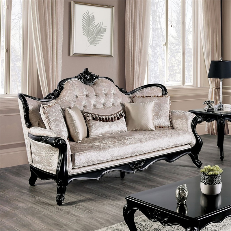Bowery Hill Solid Wood Button Tufted Sofa in Black with Pillows