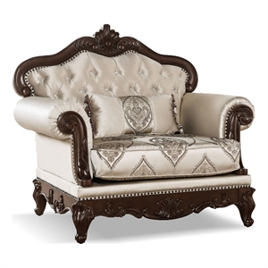 Bowery Hill Fabric Tufted Back Chair in Beige and Dark Cherry Finish