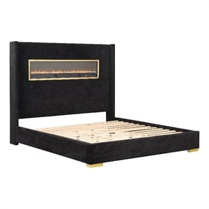 Bowery Hill Wood Queen Platform Bed with 3D Fireplace Headboard in Black