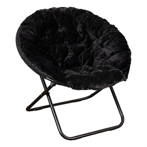 Bowery Hill XL Fabric Folding Saucer Chair in Black Faux Fur with Steel Frame