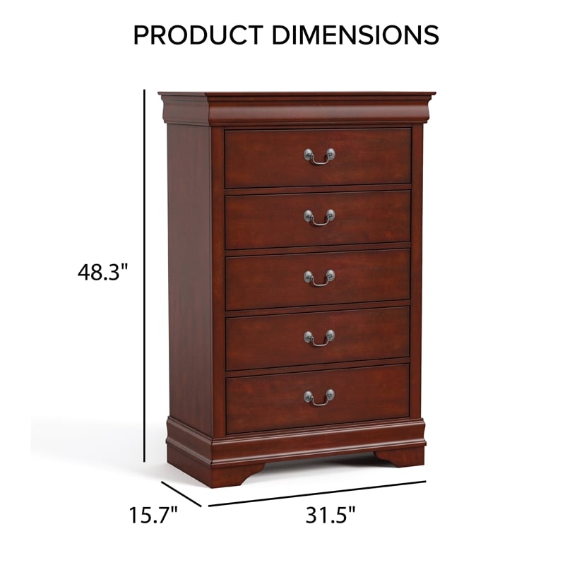 Bowery Hill 5-Drawer Chest with Nickel Handles in Cherry Finish