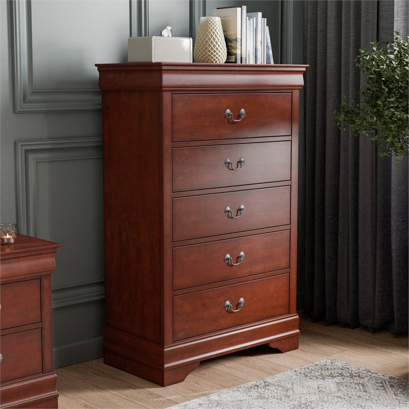 Bowery Hill 5-Drawer Chest with Nickel Handles in Cherry Finish