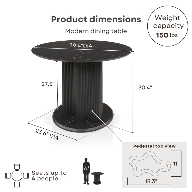 Bowery Hill Faux Marble Iron Pedestal Round Dining Table in Black