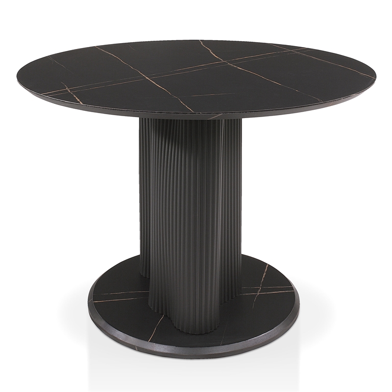 Bowery Hill Faux Marble Iron Pedestal Round Dining Table in Black