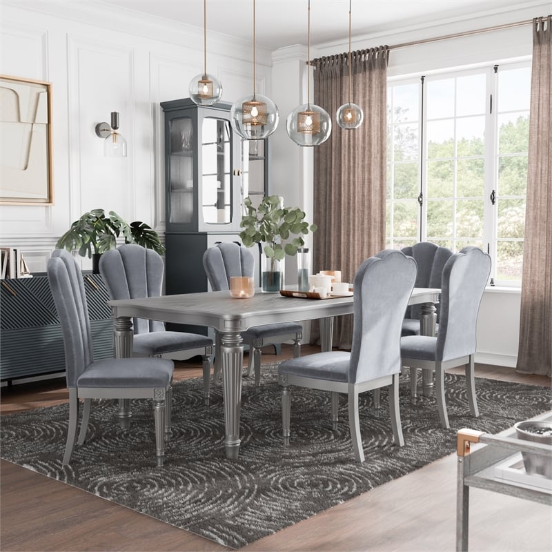 Bowery Hill 7-Piece Dining Table Set with Upholstered Chairs in Silver Finish