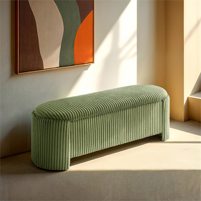 Bowery Hill Corduroy Fabric Storage Bench in Green with Lift-Top Functionality