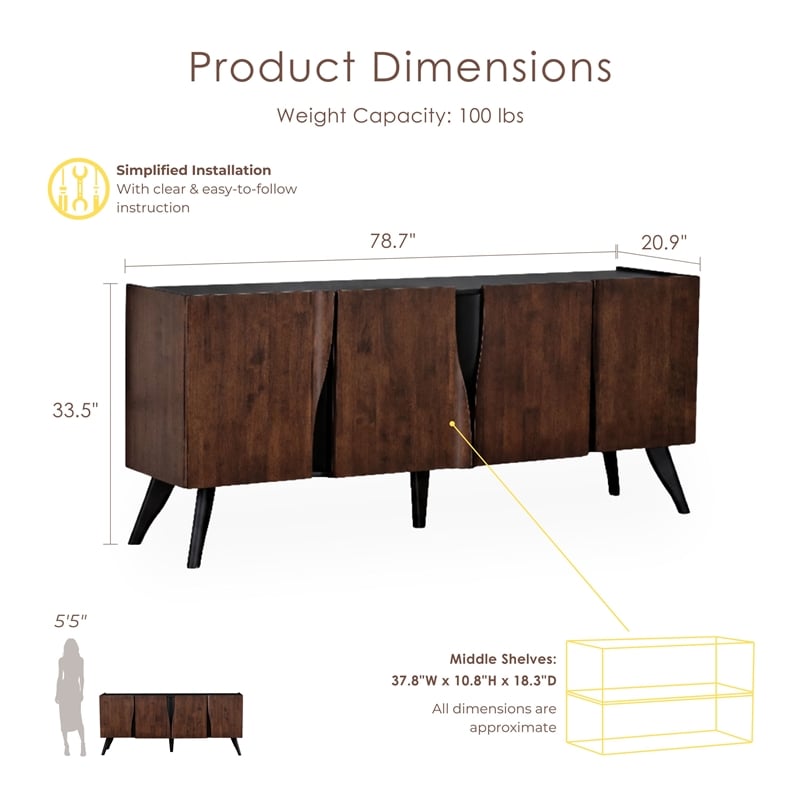 Bowery Hill Solid Wood Sculpted Server with Doors in Walnut Finish