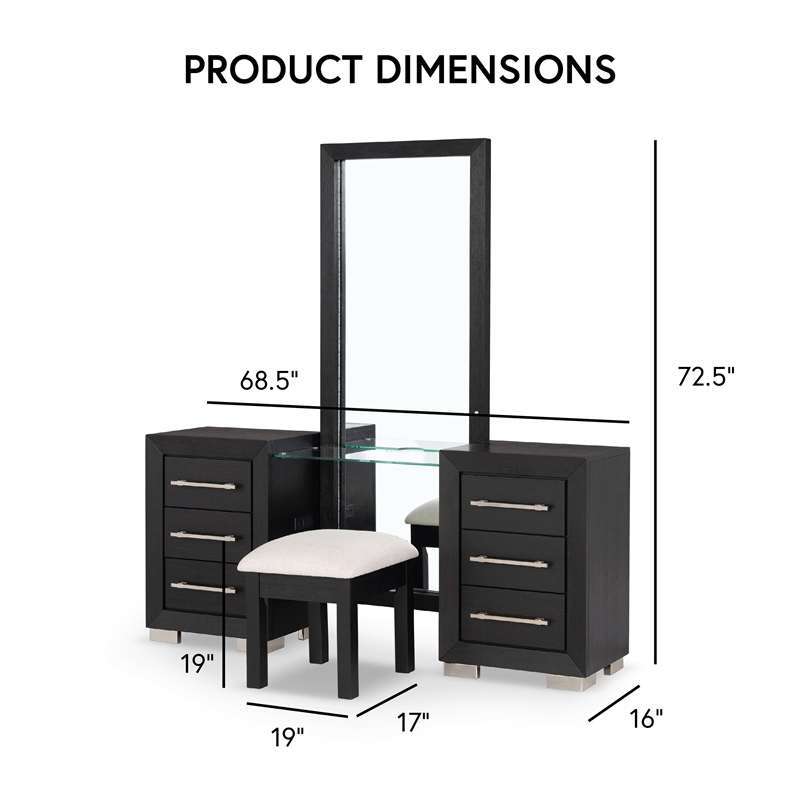 Bowery Hill 2-Piece Modern Wooden Vanity Set with Stool in Black