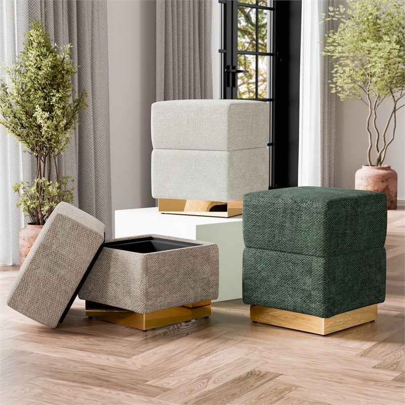 Bowery Hill Chenille Square Cube Storage Stool with Gold Base in Green