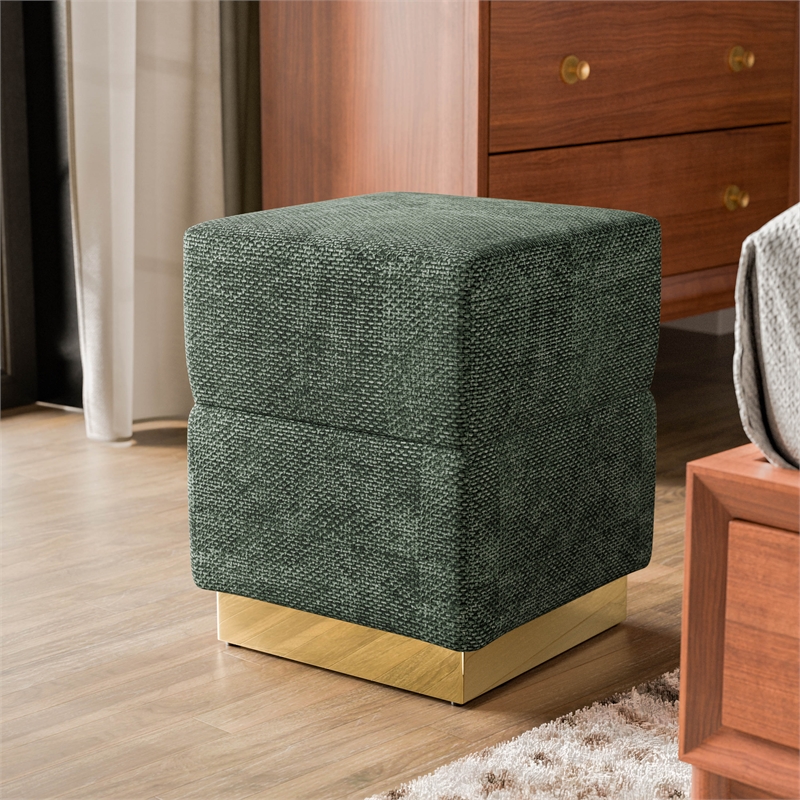 Bowery Hill Chenille Square Cube Storage Stool with Gold Base in Green
