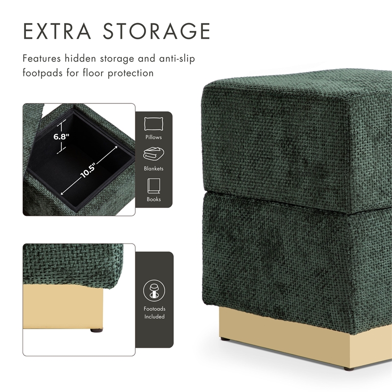 Bowery Hill Chenille Square Cube Storage Stool with Gold Base in Green