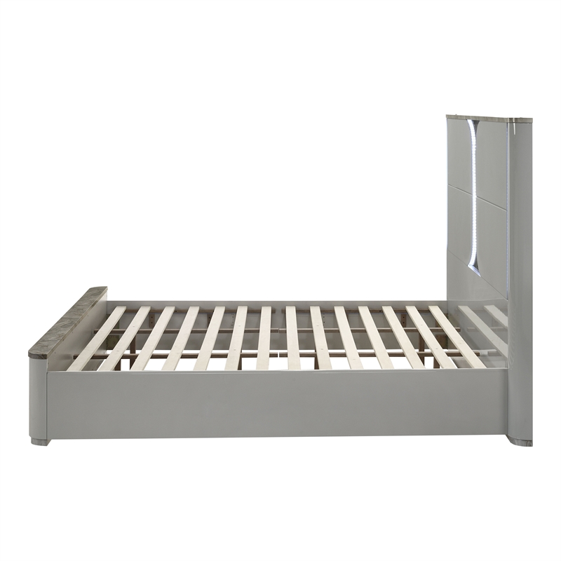 Bowery Hill Queen Platform Bed with LED Panel in Light Gray Rubberwood