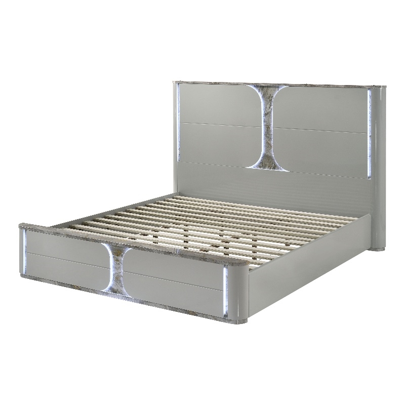 Bowery Hill Queen Platform Bed with LED Panel in Light Gray Rubberwood