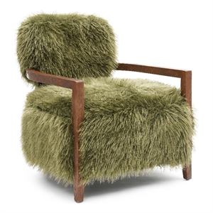 Bowery Hill Faux Fur Accent Chair with Wooden Arms in Green Fabric