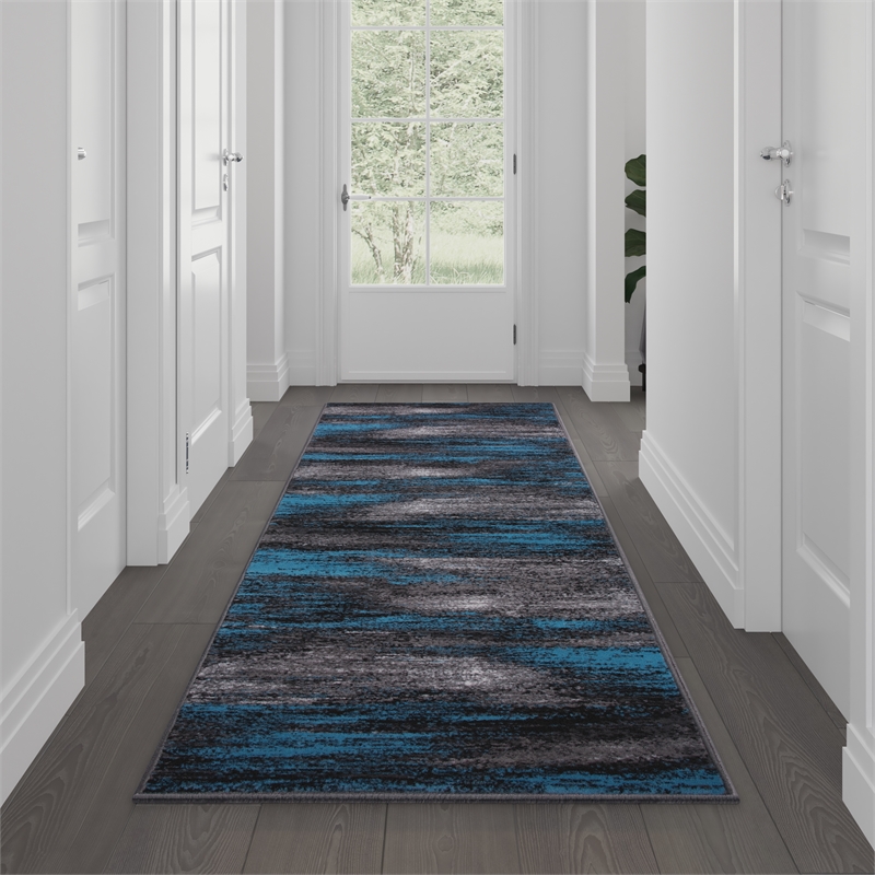 Bowery Hill 24x120 in Fabric Abstract Design Area Rug in Blue and Gray