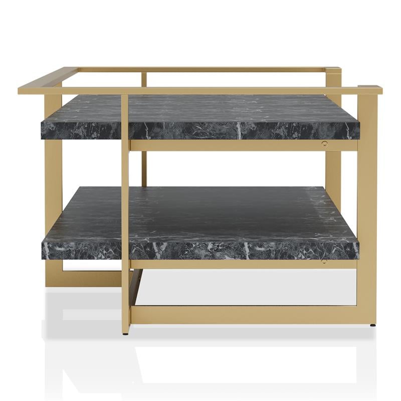 Bowery Hill 2-Piece Metal Coffee Table Set in Gold Finish with Black Tops
