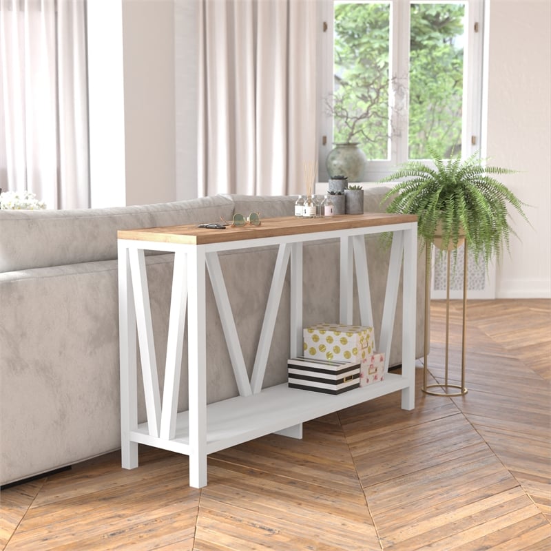Bowery Hill Engineered Wood Console Table in White Wash/Warm Oak