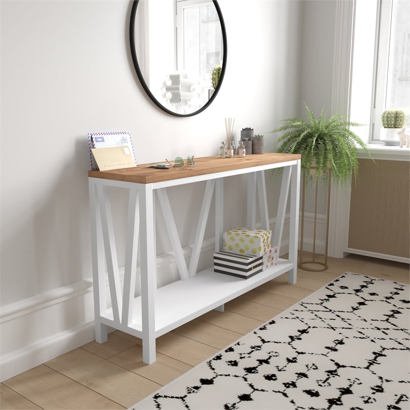 Bowery Hill Engineered Wood Console Table in White Wash/Warm Oak