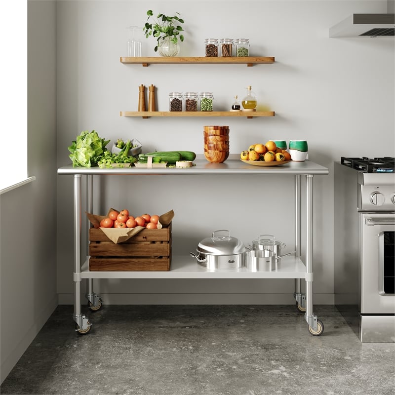 Bowery Hill Stainless Steel Work Table with Undershelf and Casters 24x60