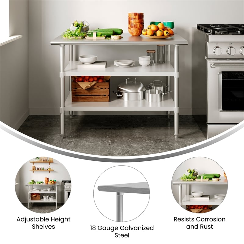 Bowery Hill Stainless Steel Work Table with Dual Undershelves 30x48