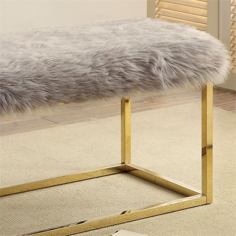 Bowery Hill Contemporary Fabric Padded Bench with Gold Frame in Gray