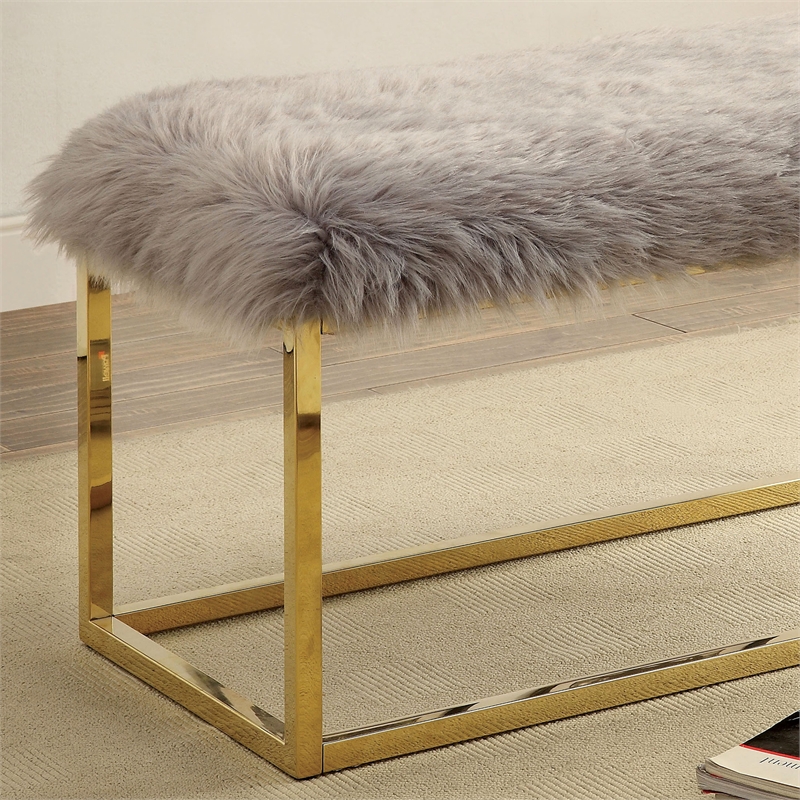 Bowery Hill Contemporary Fabric Padded Bench with Gold Frame in Gray