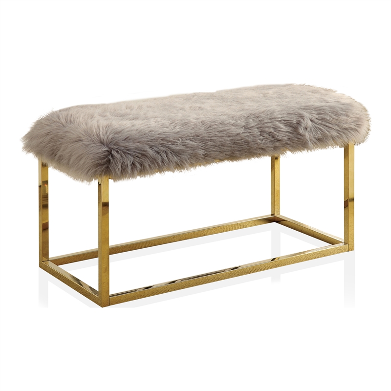 Bowery Hill Contemporary Fabric Padded Bench with Gold Frame in Gray