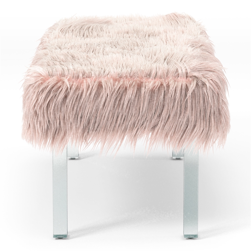 Bowery Hill Contemporary Faux Fur Upholstered Bench in Pink